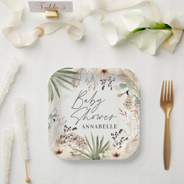 Baby shower modern rustic pampas grass foliage paper plates (Wedding)