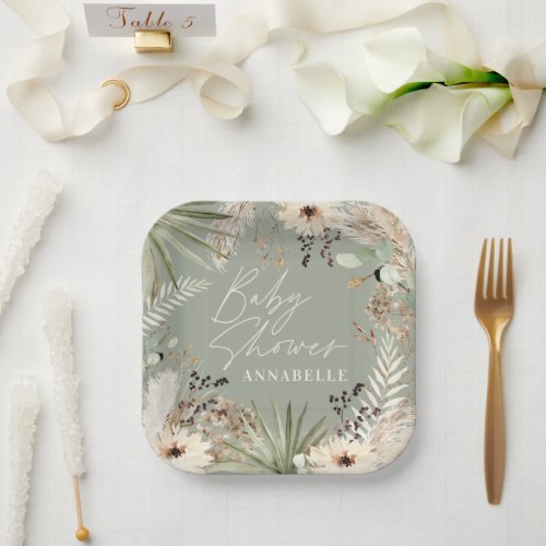 Baby shower modern rustic pampas grass foliage paper plates