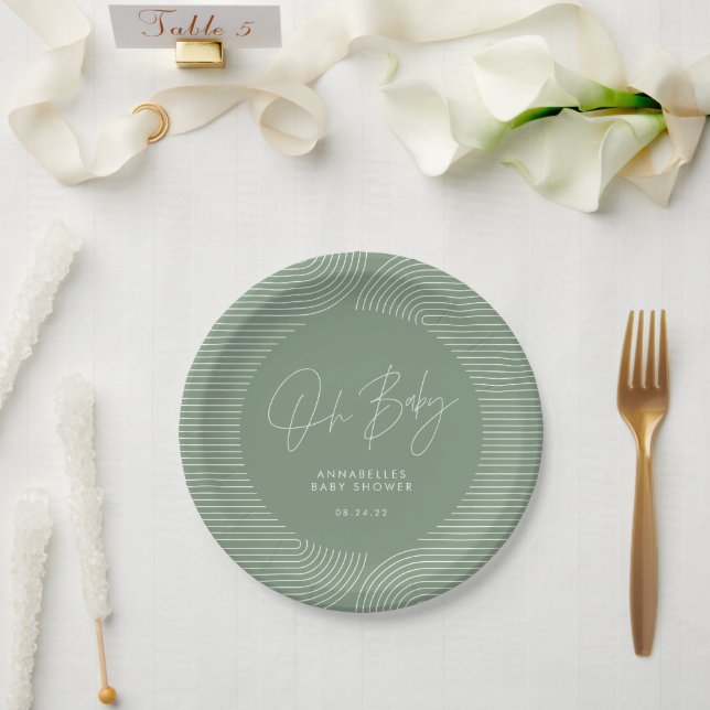 Baby shower modern sage green elegant geometric paper plates (Wedding)