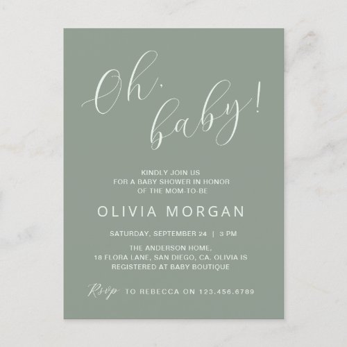 Baby Shower Modern Sage Green Elegant Invitation Postcard