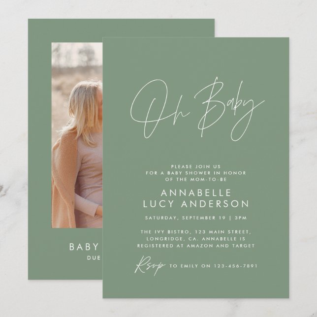 Baby shower modern sage green elegant photo invitation (Front/Back)