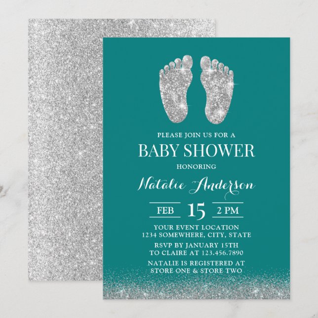  Baby Shower Modern Silver Glitter Baby Foot Teal Invitation (Front/Back)