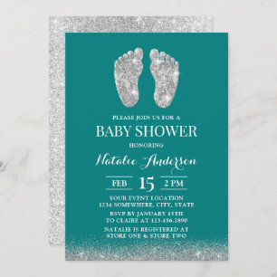 Baby Shower Modern Silver Glitter Baby Foot Teal Invitation