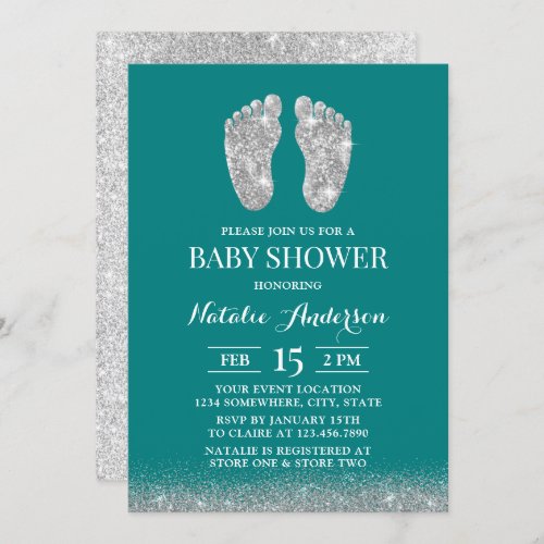  Baby Shower Modern Silver Glitter Baby Foot Teal Invitation