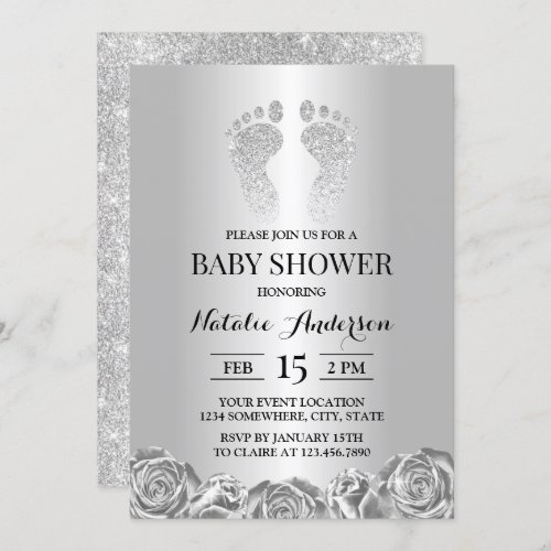 Baby Shower Modern Silver Glitter Feet Rose Floral Invitation