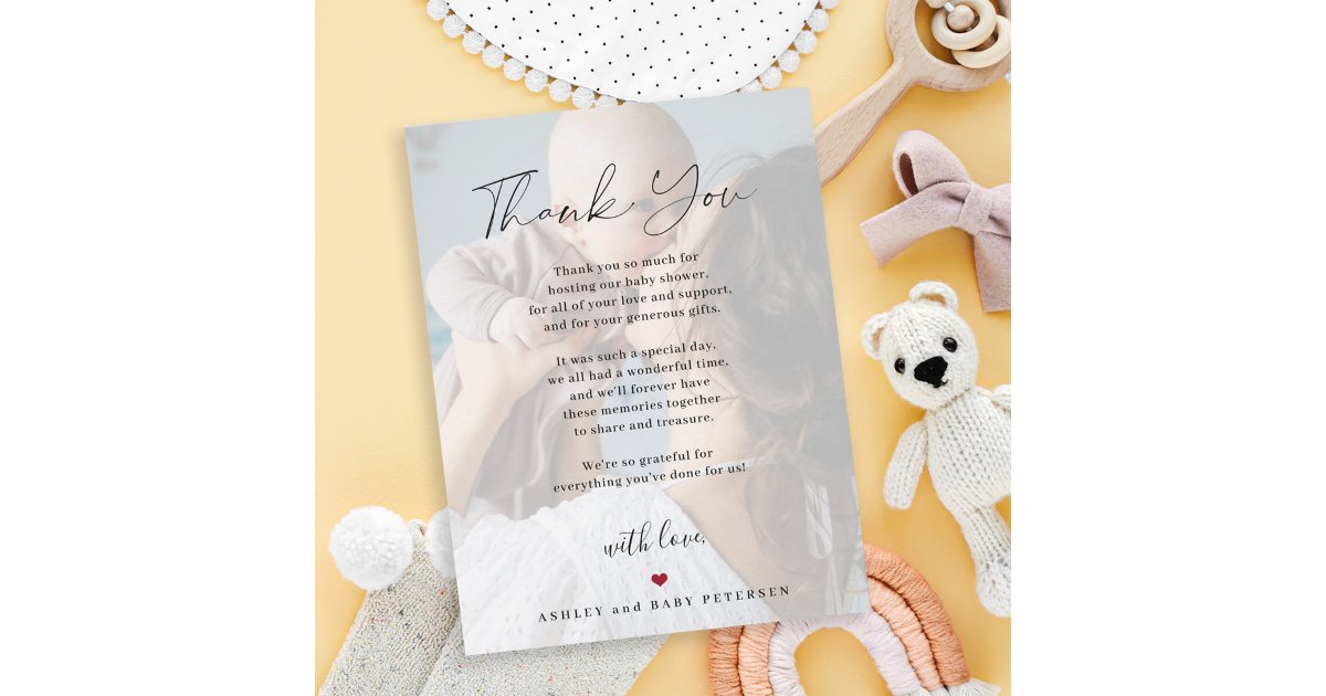 Baby shower modern simple script photo thank you card | Zazzle
