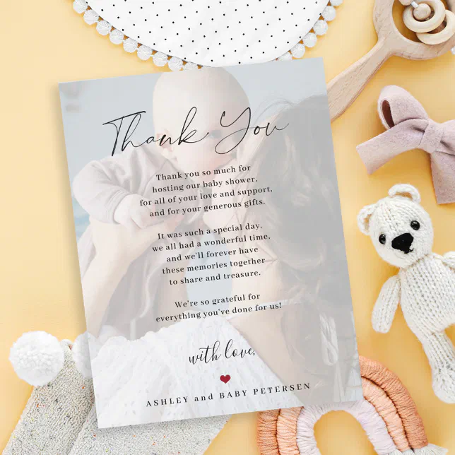 Baby shower modern simple script photo thank you card | Zazzle