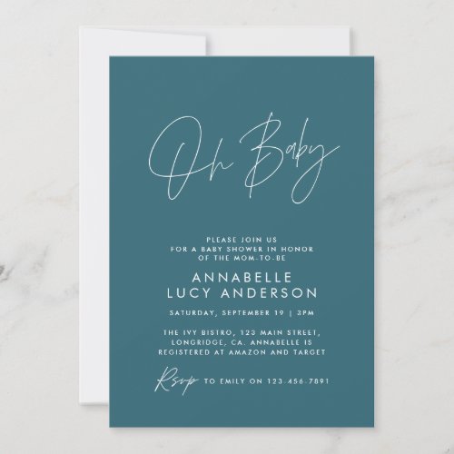 Baby shower modern teal blue elegant photo invitation