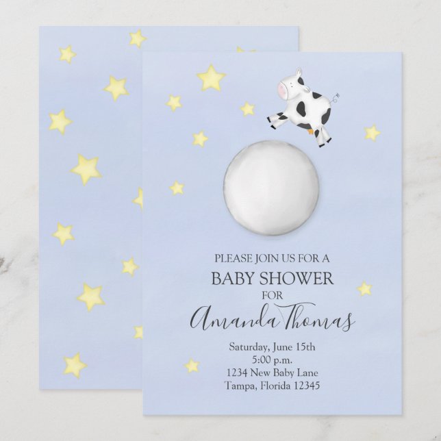 Baby Shower Modern Watercolor Cow Jumped Over Moon Invitation (Front/Back)