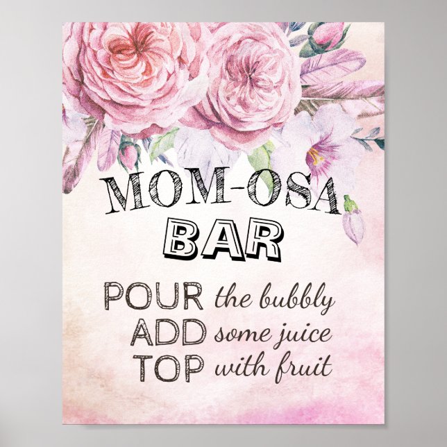 Baby Shower MOM-OSA BAR Sign Boho Flowers Feathers (Front)