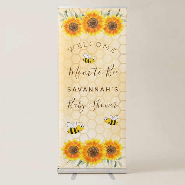 Baby Shower mom to bee sunflowers yellow honeycomb Retractable Banner (Front)