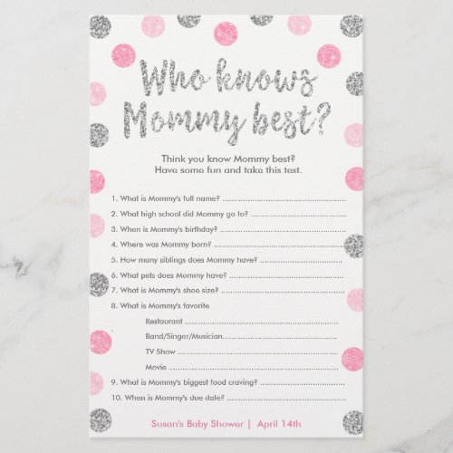 Baby Shower Mommy Game Pink  Silver Glitter Card