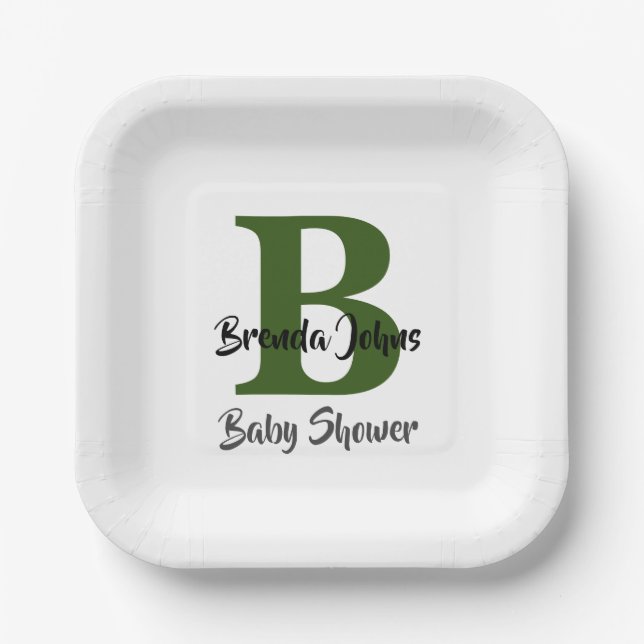 Baby Shower Monogram Forest Green Jungle Theme Paper Plates (Front)