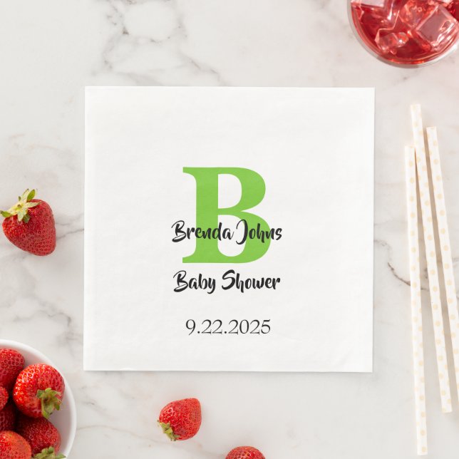 Baby Shower Monogram Name Green Jungle Theme  Paper Dinner Napkins (Insitu)