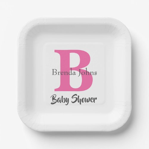 Baby Shower Monogram  Pink White Cute Elegant Paper Plates