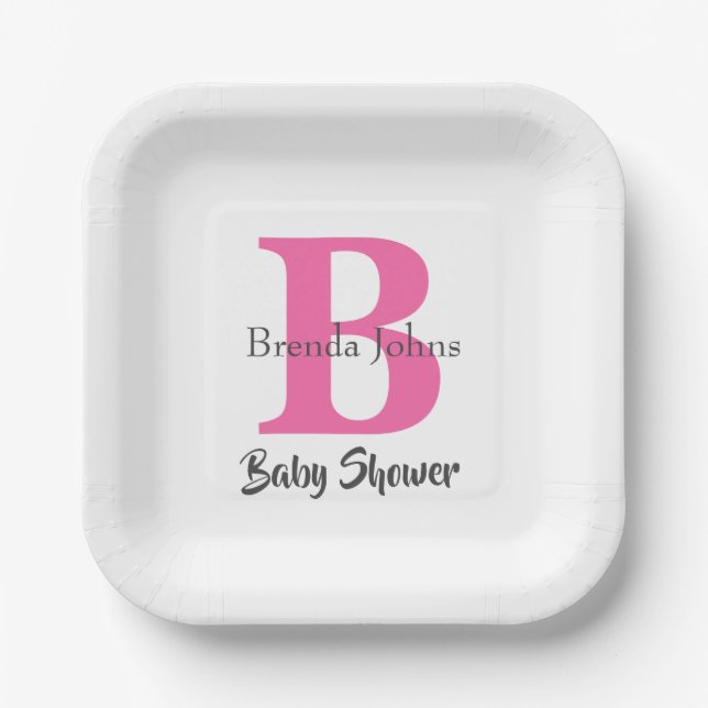 Baby Shower Monogram  Pink White Cute Elegant Paper Plates (Front)