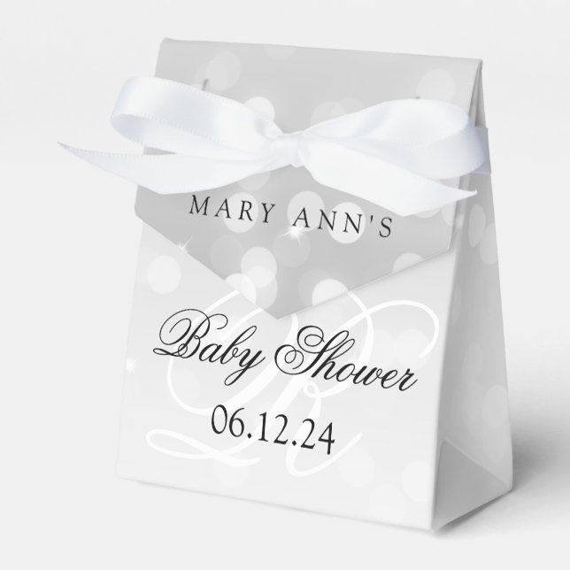 Baby Shower Monogram Silver Bokeh Sparkle Lights Favor Boxes (Front Side)