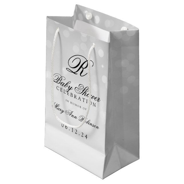 Baby Shower Monogram Silver Bokeh Sparkle Lights Small Gift Bag (Front Angled)