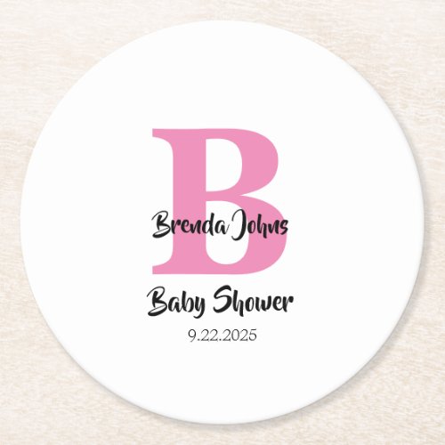 Baby Shower Monograms Pink White Cute Simple Round Paper Coaster