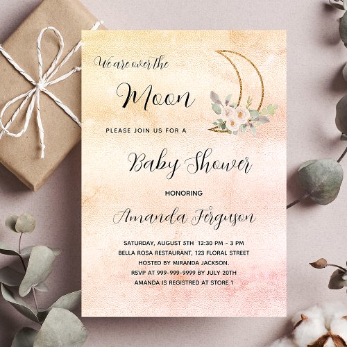 Baby shower moon blush rose gold girl invitation