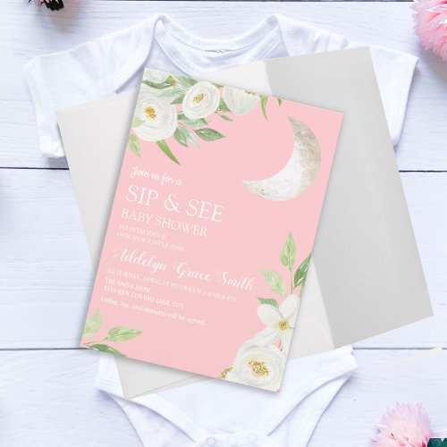 Baby Shower Moon White Floral Pink Sip See Invitation