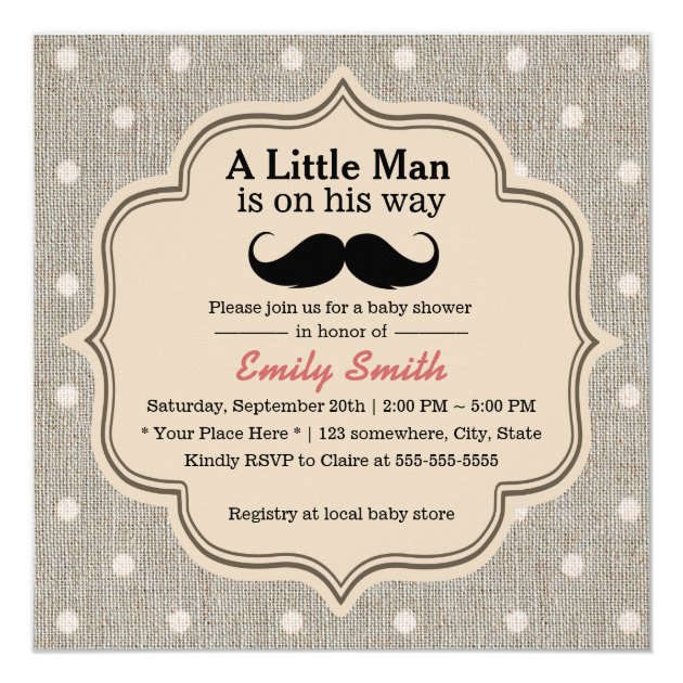 Baby Shower Mustache Boy Rustic Polka Dots Invitation