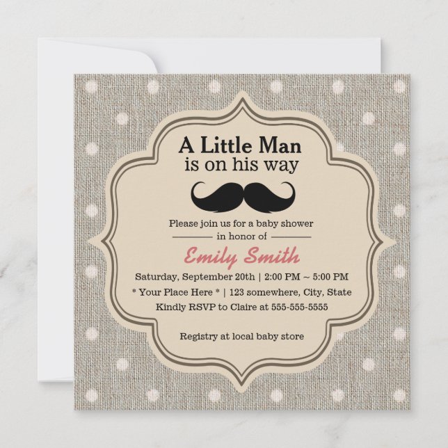 Baby Shower Mustache Boy Rustic Polka Dots Invitation (Front)
