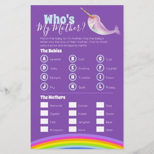 Baby shower narwhal word search match game flyer