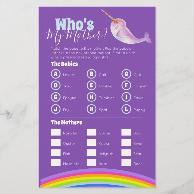 Baby shower narwhal word search match game flyer (Back)