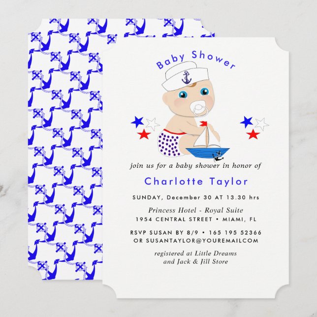 Baby Shower Nautical Boys Cute Sailor Blue Invitation (Front/Back)