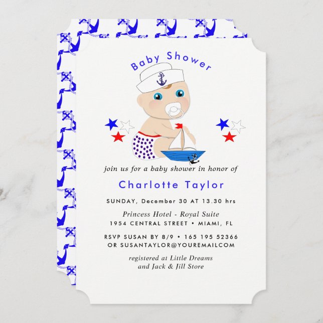 Baby Shower Nautical Boys Cute Sailor Blue Invitation (Front/Back)