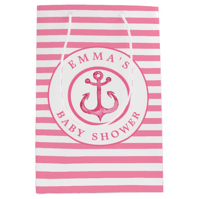 Baby Shower Nautical Pink Anchor Striped Gift Bag