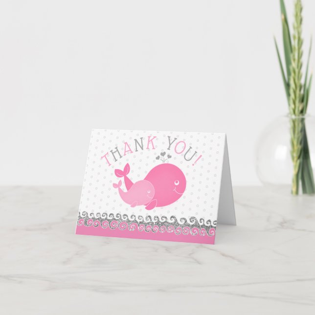 Baby Shower Nautical Pink Whales Thank You Card (Front)