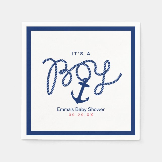 Baby Shower Navy Blue Anchor Boy Nautical Paper Napkins (Front)
