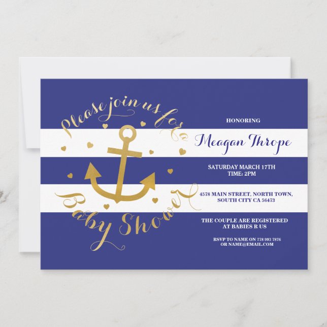 Baby Shower Navy Blue Anchor Gold Heart Invite (Front)
