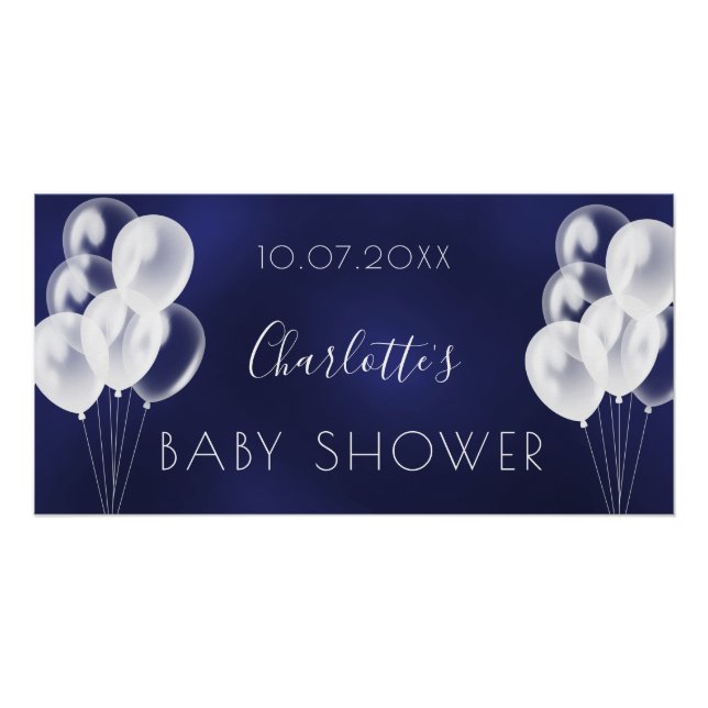 Baby Shower navy blue boy white balloons Poster (Front)