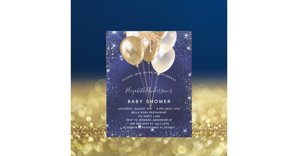 Baby Shower navy blue gold balloons invitation | Zazzle