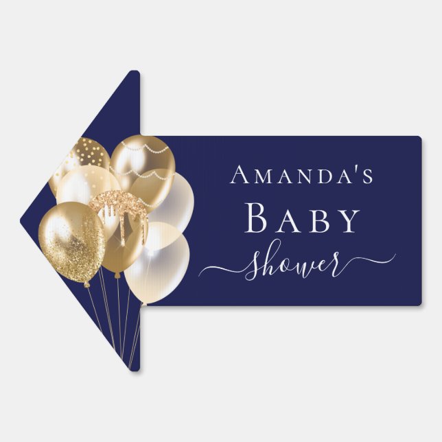 Baby Shower navy blue gold balloons name Sign (Front)