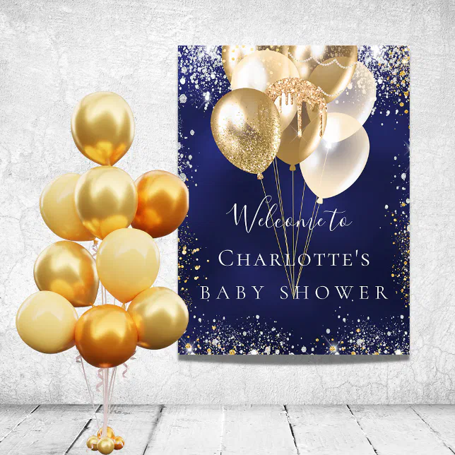 Baby Shower navy blue gold balloons Poster Zazzle