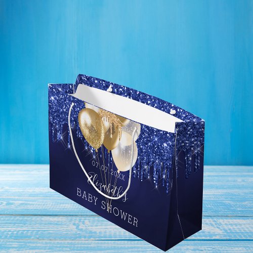 Baby Shower navy blue gold glitter drips balloons Large Gift Bag