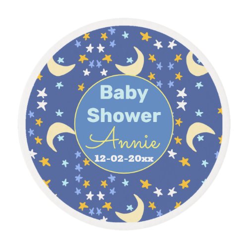 Baby shower navy blue star moon add name year date edible frosting rounds