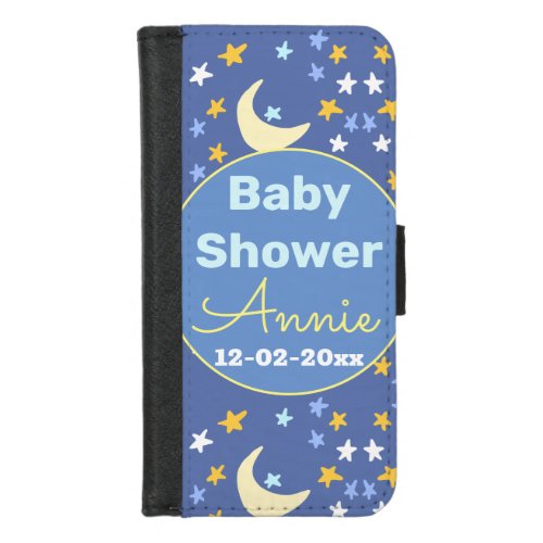 Baby shower navy blue star moon add name year date iPhone 87 wallet case