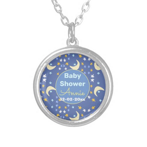 Baby shower navy blue star moon add name year date silver plated necklace