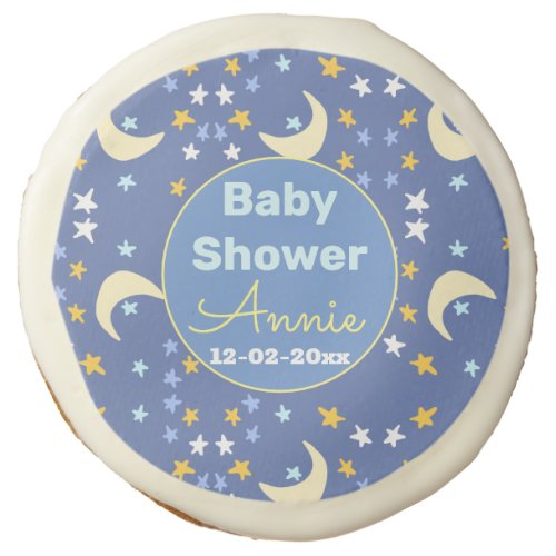 Baby shower navy blue star moon add name year date sugar cookie