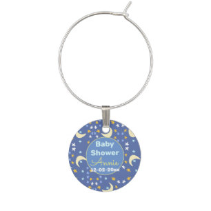 Baby shower navy blue star moon add name year date wine charm