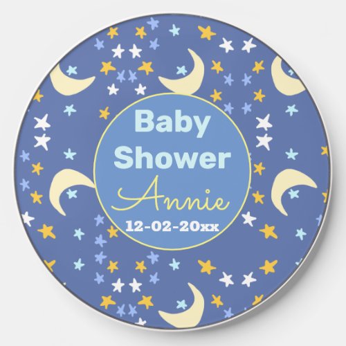 Baby shower navy blue star moon add name year date wireless charger 