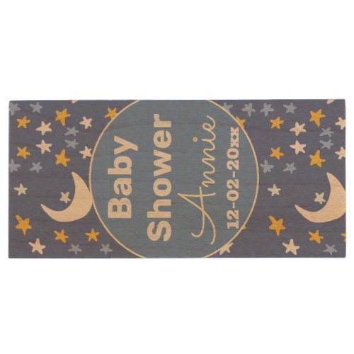 Baby shower navy blue star moon add name year date wood flash drive
