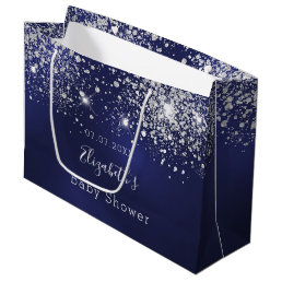 Baby Shower navy blue white glitter monogram boy Large Gift Bag