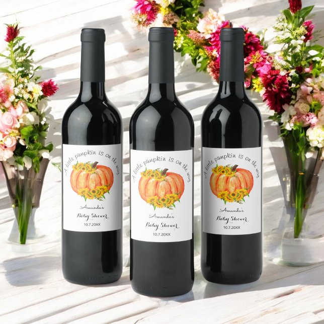 Baby Shower Orange Pumpkin Fall Floral   Wine Label (Creator Uploaded)