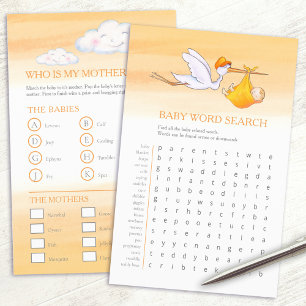 Baby shower orange word search baby match game flyer